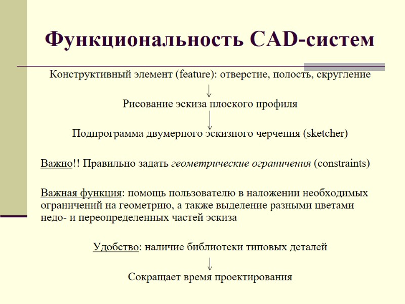 Функциональность CAD-систем Конструктивный элемент (feature): отверстие, полость, скругление      